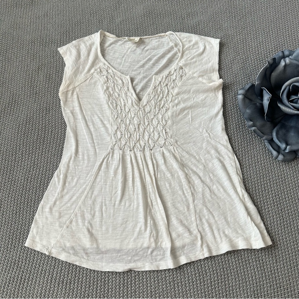Anthropologie Deletta Cream and Gray Smocked Blouse Top Small